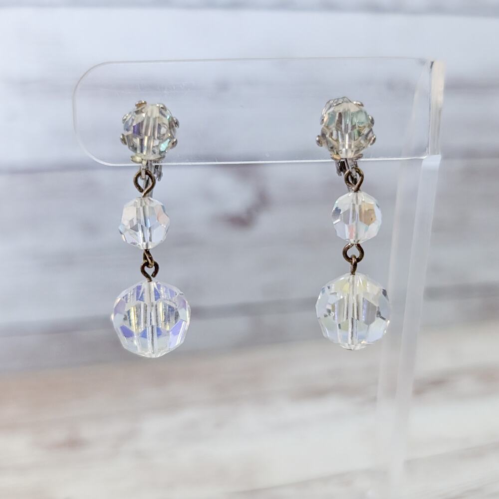 Vintage Clip On Earrings 1.5" Clear/Iridescent Dangle Statement